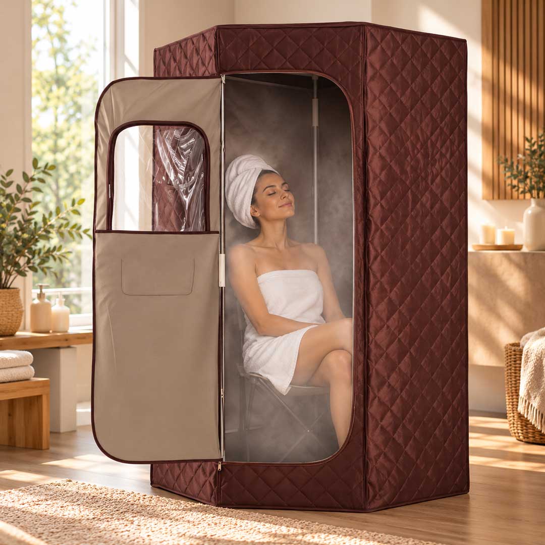 Hammam sauna vapeur portable Confort, cabine pentagonale dans un salon