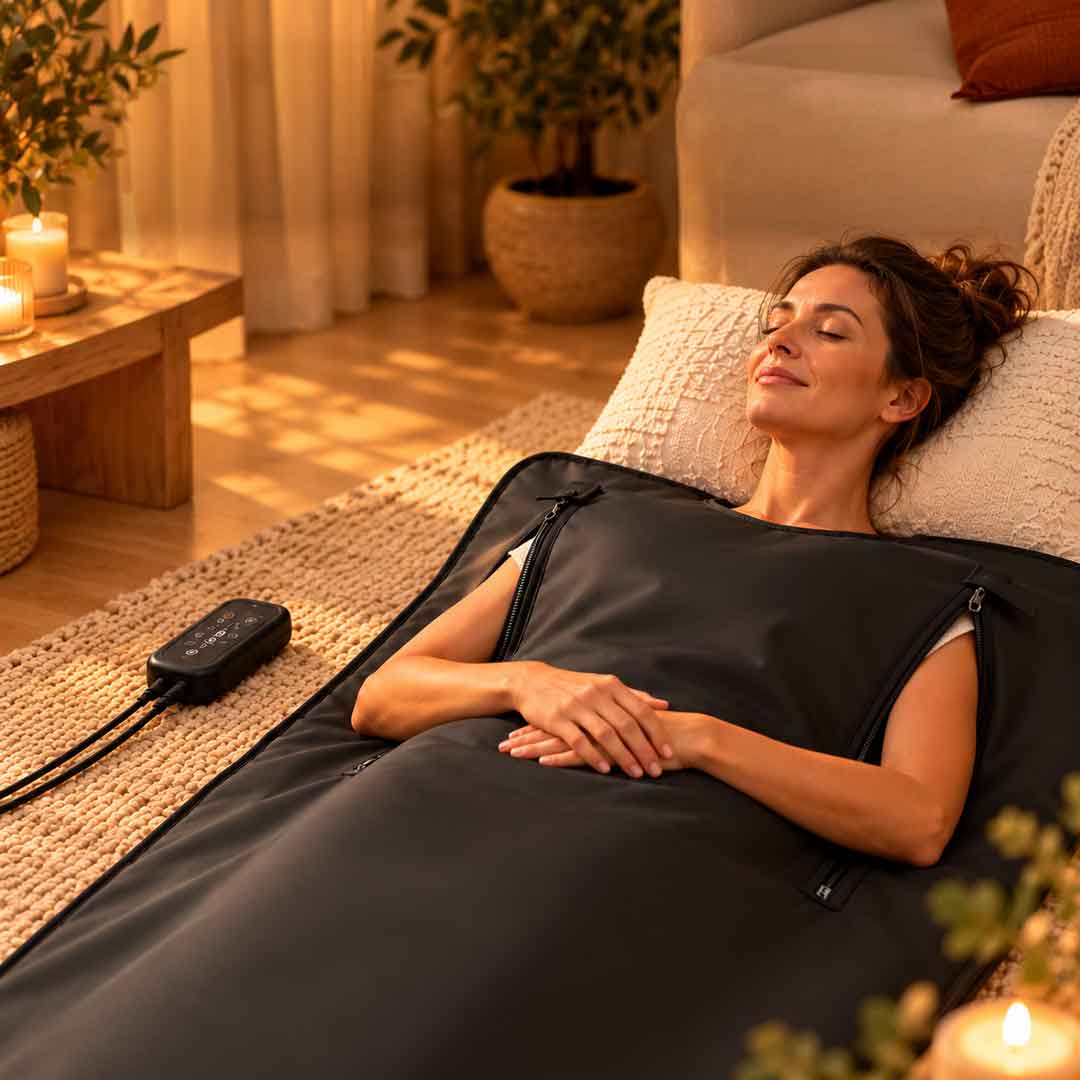 Couverture sauna infrarouge en situation, séance allongée sur un lit