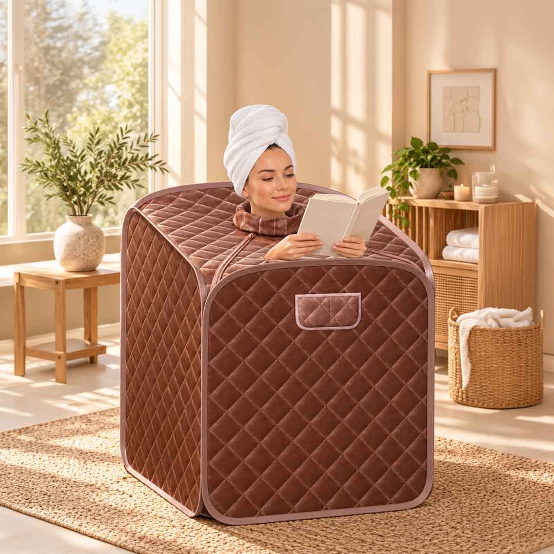Hammam tête dehors : les mains sortent par la fermeture éclair du dessus pour lire