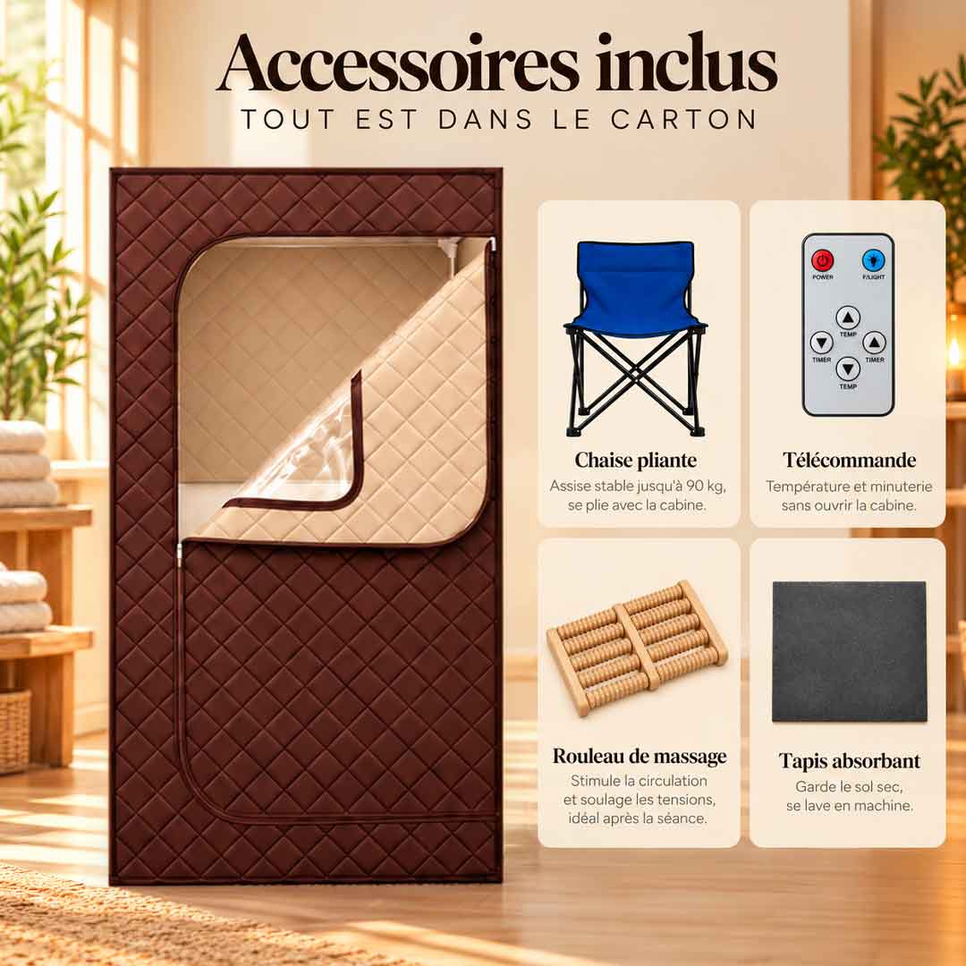 Accessoires inclus avec le hammam Essentiel : chaise, masseur de pieds, tapis et télécommande