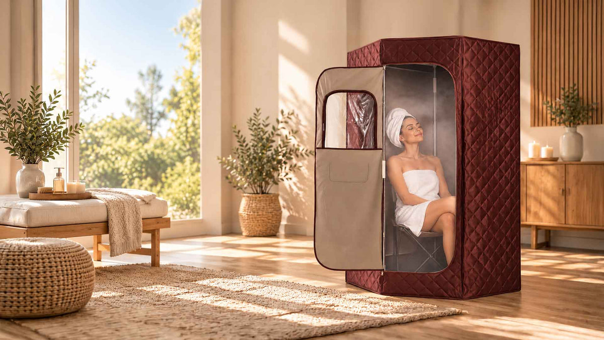 Sauna portable HYVÄ installé dans une chambre pour une séance de chaleur le soir