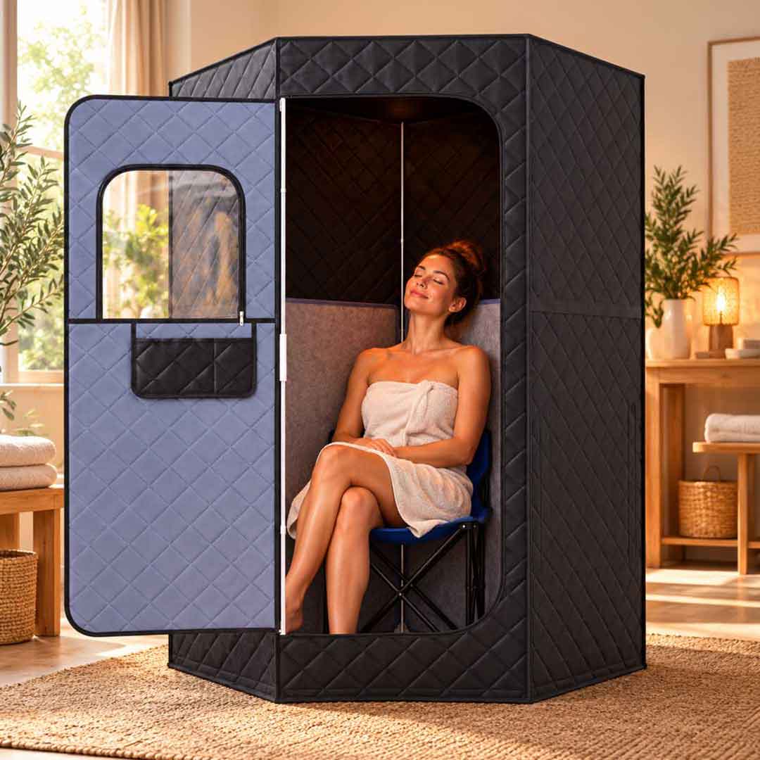 Sauna infrarouge portable Confort, cabine pentagonale de 123 cm installée dans une chambre