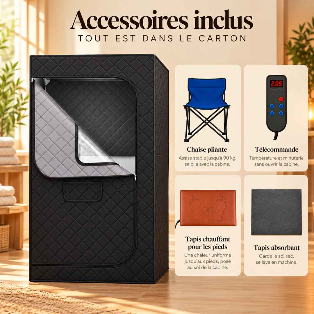 Accessoires inclus avec le sauna infrarouge Essentiel : chaise, tapis et télécommande
